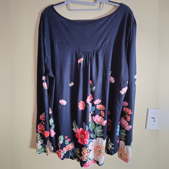 Women's Black Floral Casual Button Front Pleated Long-Sleeved Tunic Top Size XL - Picture 7 of 11